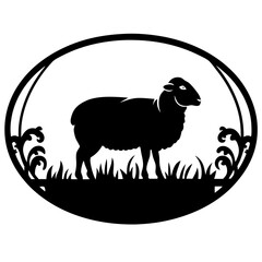 Silhouette of a Sheep in an Oval Frame with Grass and Floral Designs A Black and White Vector Illustration