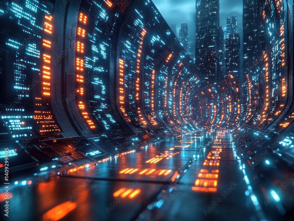 Poster futuristic cyberpunk digital matrix art with glowing numbers and interconnected lines
