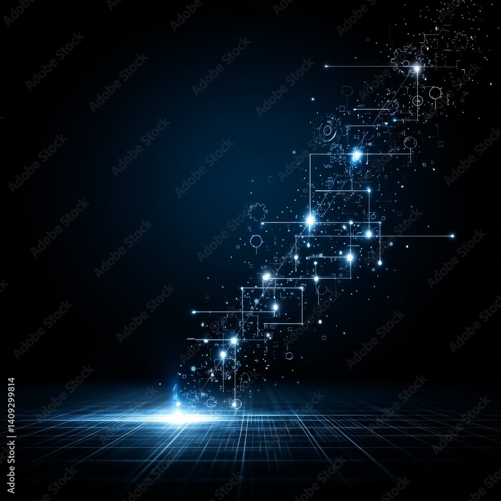 Poster illuminated ascent: abstract technology pathway of glowing lines, gears, and particles on a dark bac
