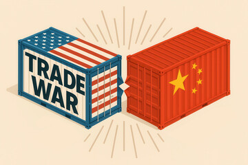 Trade war illustration with US and China shipping containers.