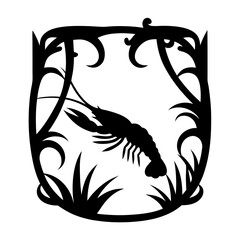 Elegant Black and White Silhouette of a Crayfish in Aquatic Vegetation