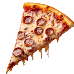 Sausage pizza slice with melted cheese isolated on transparent background.