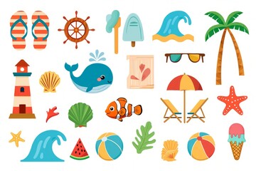 Obraz premium Cartoon beach-themed stickers on a white background.