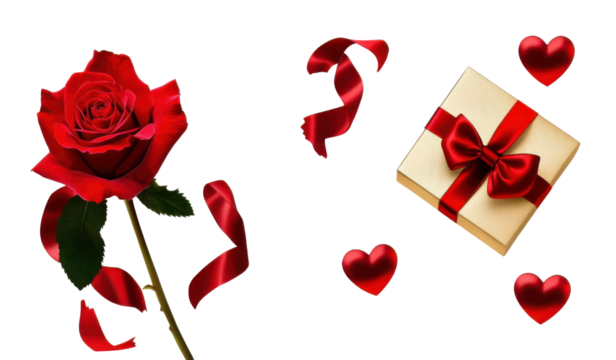 Valentine's Day design elements isolated on white background. Golden gift box with Red silk ribbon bow- Red Rose Flower and Pairs of Red Hearts- with natural transparent shadow on transparent backgrou - Powered by Adobe