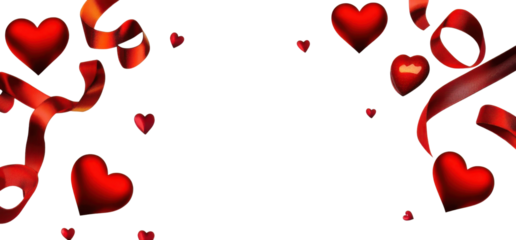 Design elements for Valentine's Day isolated on white background. Pairs of red hearts- heart shaped golden candies and Red ribbon with natural transparent shadow on Transparent background- clipping pa