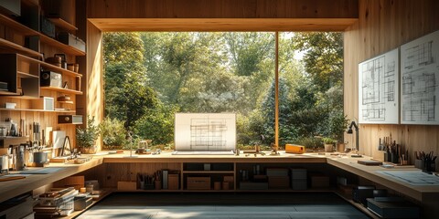 Master Builder and Construction Site Management in Bauhaus Style Architectural Workspace