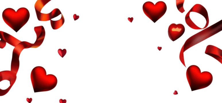 Design elements for Valentine's Day isolated on white background. Pairs of red hearts- heart shaped golden candies and Red ribbon with natural transparent shadow on Transparent background- clipping pa