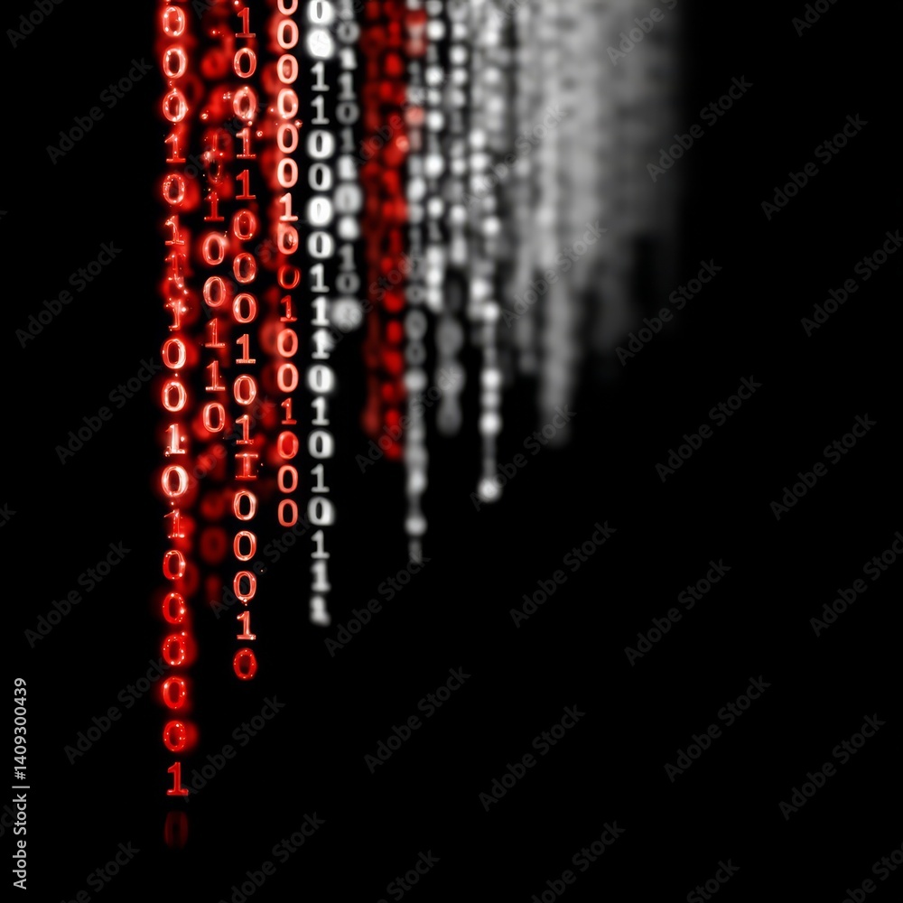 Poster Red and White Binary Code Streams Flowing on Black Background: A Digital Matrix of Data
