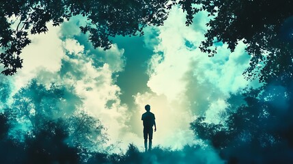 Fototapeta premium Silhouette of a Person Walking into a Mysterious Forest Path with Blue Hues