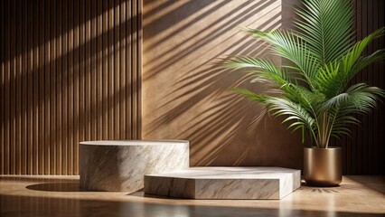 Fototapeta premium Minimalistic premium podium with natural stone slabs and palm-leaf shadows on brown wall, palm leaves, modern furniture