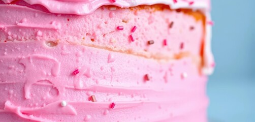 Pink frosted layered cake close-up, sprinkles visible, layered cake, confectionery