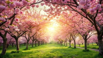 Fototapeta premium Serene idyllic paradise garden with sakura trees and soft sunlight filtering through delicate pink blossoms in full bloom , idyllic, nature