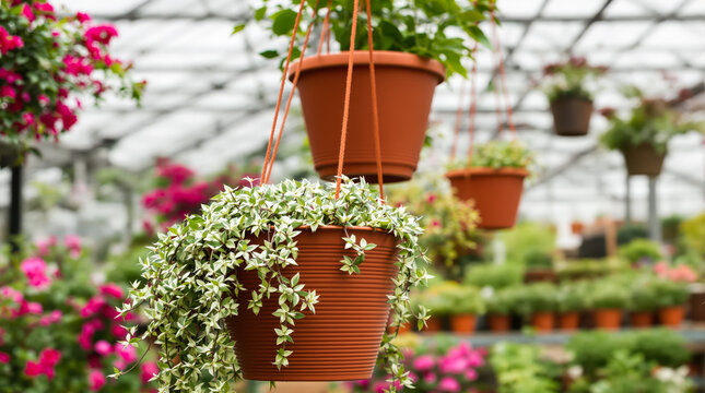 variegated trailing plant in terracotta hanging pot in greenhouse setting