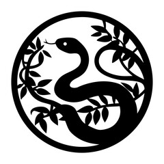 Elegant Black and White Circular Design Featuring a Snake Entwined with Leaves