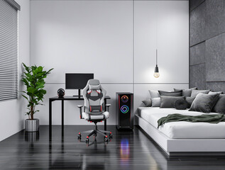 modern minimalist bedroom with gray gaming chair and desk setup