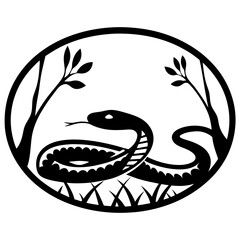 Stylized Black and White Illustration of a Snake in a Circular Frame with Plants