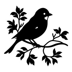 Silhouette of a Bird Perched on a Branch with Leaves Artistic Black and White Illustration