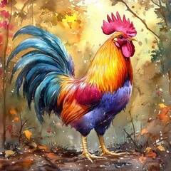 Fototapeta premium Vibrant Rooster Watercolor Painting Realistic Chicken Illustration Cute Animal Art