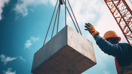 Tower crane rigger guiding a suspended load with precision hand signals. Featuring teamwork and coordination