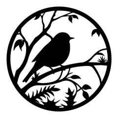 Elegant Black Silhouette of a Bird Perched on a Branch within a Circular Frame of Nature © Tanjila