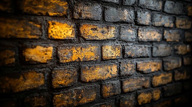 Dark, textured brick wall with golden highlights, showing depth and age