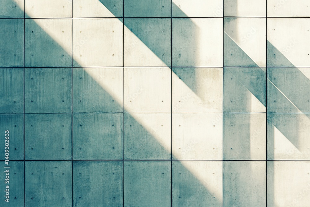 Poster modern concrete wall with sunlight casting diagonal shadows creating a geometric pattern of squares 
