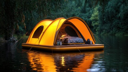 Illuminated floating camping tent on tranquil river at dusk