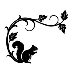 Elegant Squirrel and Vine Design Black and White Illustration Artistic Nature Graphic