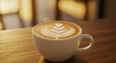 Warm Latte Art Coffee on Table in Cafe Setting