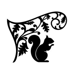 Elegant Black and White Squirrel in Ornate Floral Design Illustration