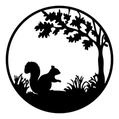 Circular Silhouette Design Featuring a Squirrel in a Woodland Setting