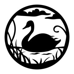 Elegant Black Swan Silhouette in Circular Pond Scene with Reeds and Clouds