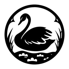 Fototapeta premium Elegant Black Swan in a Circular Frame with Aquatic Plants