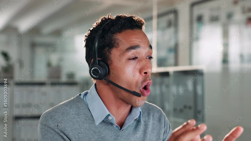 Poster Contact us, conversation and headset with man in call center for help or online assistance. Communication, computer and customer service with employee in office for support as virtual assistant