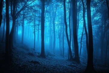 Obraz premium Blue Forest. Spooky Dark Landscape with Skittish Blue Trees for Halloween Scene