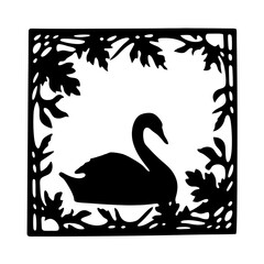 Black Swan Silhouette in Ornate Leaf Frame Artistic Vintage Illustration Graphic Design Element