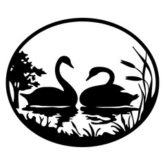 Romantic Pair of Swans in a Serene Lakeside Setting Illustrated in a Circular Black and White Design