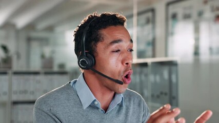 Contact us, conversation and headset with man in call center for help or online assistance. Communication, computer and customer service with employee in office for support as virtual assistant