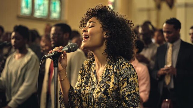 Black woman singing at a gospel church