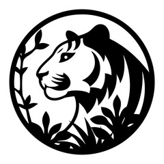 Elegant Black and White Tiger Head in Circular Design with Tropical Foliage
