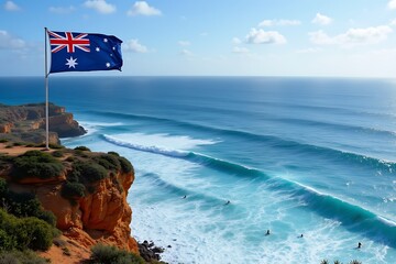 The Australian flag waving on a cliff above the ocean with surfers below