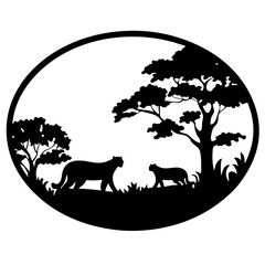 Silhouette of Two Panthers in an Oval Frame with African Savanna Trees