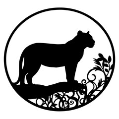 Obraz premium Elegant Black Silhouette of a Tiger in a Circular Floral Frame Wildlife Nature Art