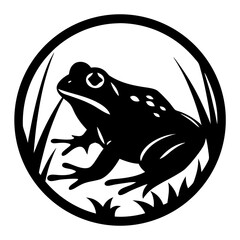 A striking black and white illustration of a frog sitting amidst tall grass within a circular frame