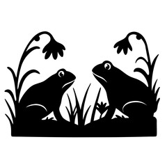 Two Frogs Sitting in Grassy Meadow near Flowers Silhouette Illustration