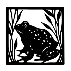 A striking black and white illustration of a frog in a square frame surrounded by stylized aquatic plants