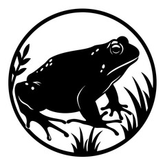 A Silhouetted Frog in a Circular Frame Amidst Grass
