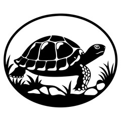 A Black and White Illustration of a Turtle Walking in the Grass within a Circle