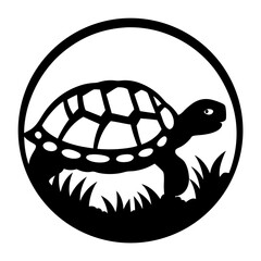 Silhouette of a Turtle in Grass Within a Circular Frame A Simple Black and White Illustration