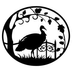 Silhouette of a Turkey in a Circular Garden Scene with Tree and Fence